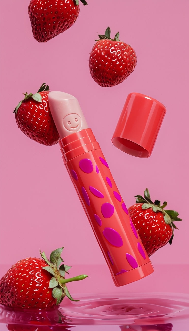 Vibrant Coral-Red Lip Balm with Strawberries Product Photo Ads