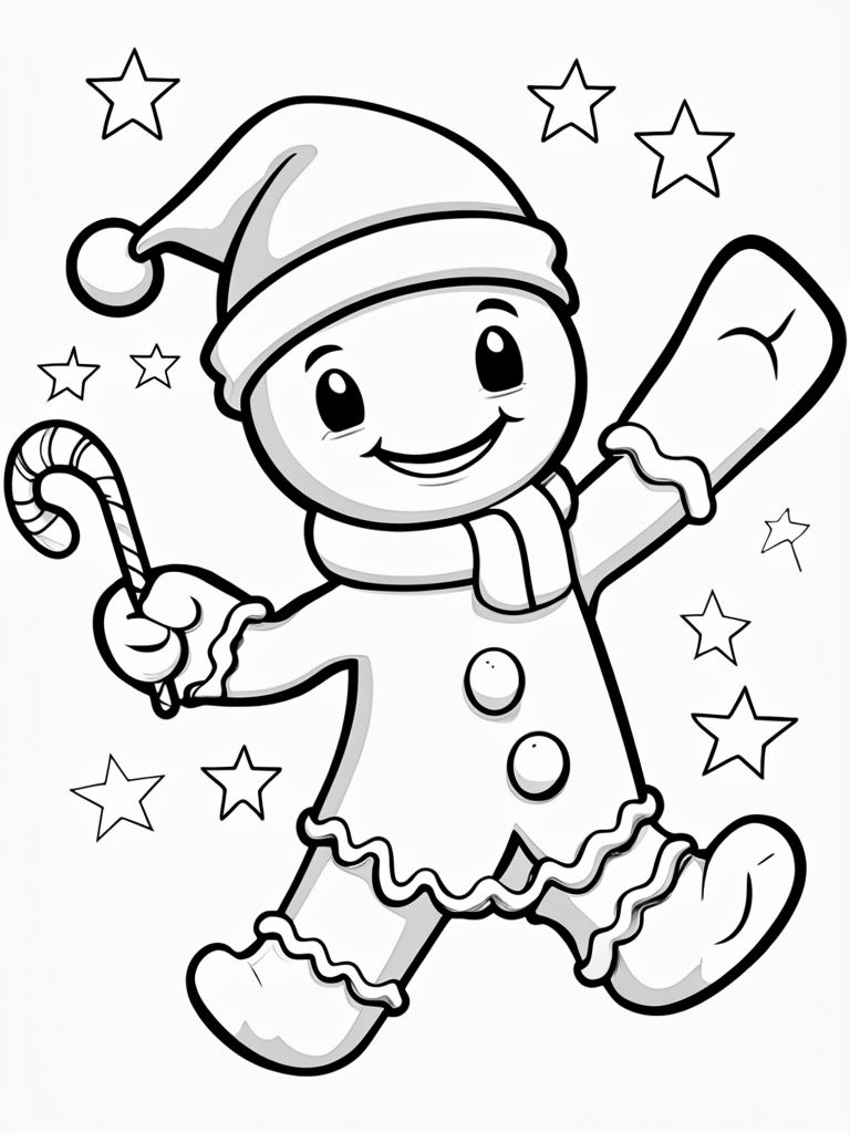 Cheerful Gingerbread Man with Santa Hat and Candy Cane Illustration Coloring Book Pages