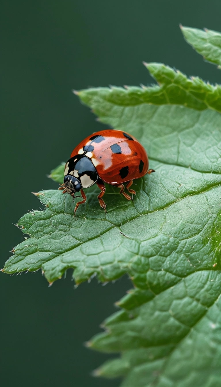 Vibrant Red Ladybug on Green Leaf Close-Up Photograph Mobile Wallpaper