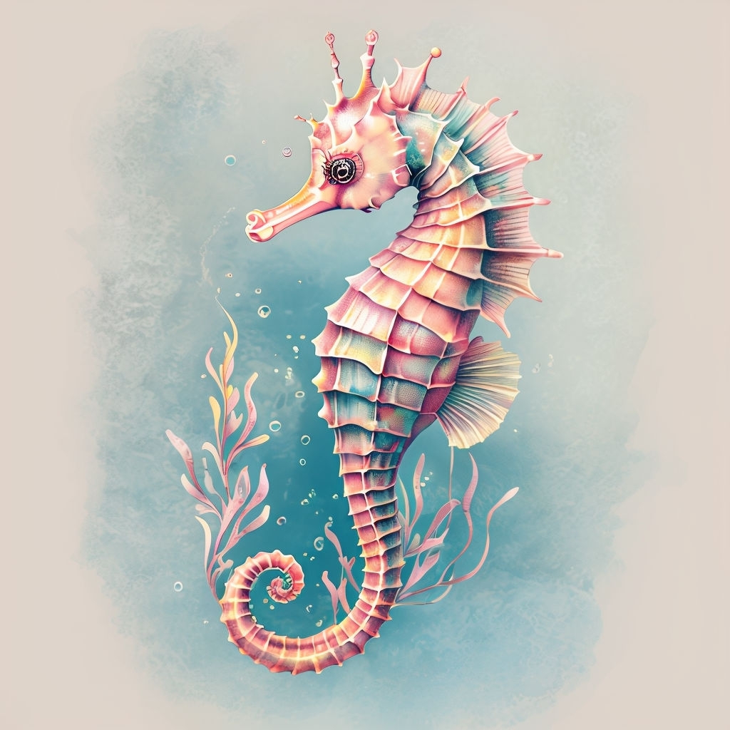 Vintage Seahorse Illustration with Seaweed and Bubbles Art