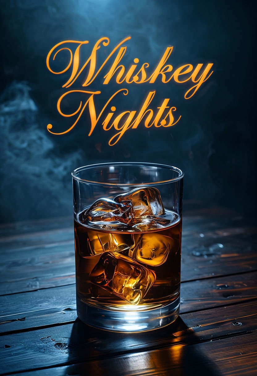 Elegant Whiskey Nights Glass with Ice Promotional Image Social Media Post