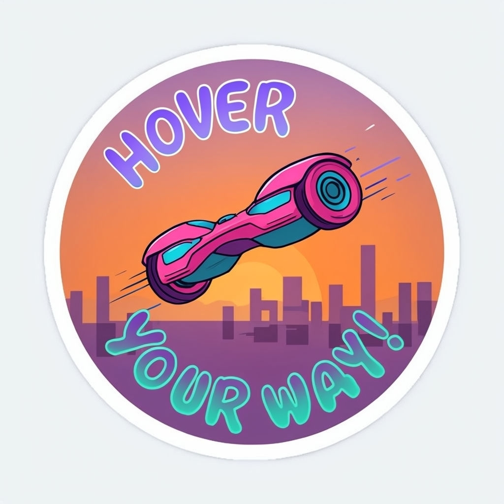 Vibrant Pink Hoverboard Above Futuristic City Sticker