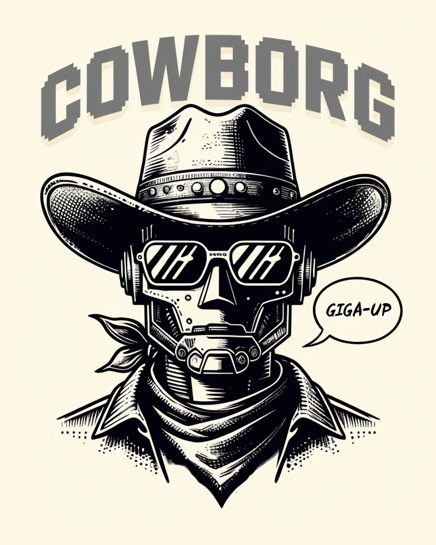 Detailed Black and White COWBORG Robot Cowboy Illustration T-shirt