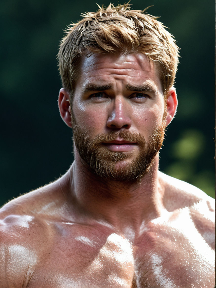 Muscular blond man with a small beard and chest hair