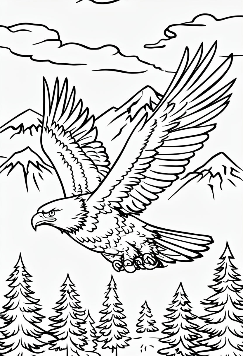 Majestic Bald Eagle in Flight Coloring Book Page