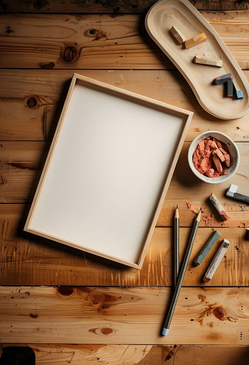 Artist's Workspace with Blank Canvas and Chalks Art