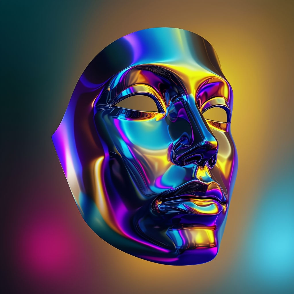 Iridescent Metallic Face Mask Surreal Digital Artwork Art