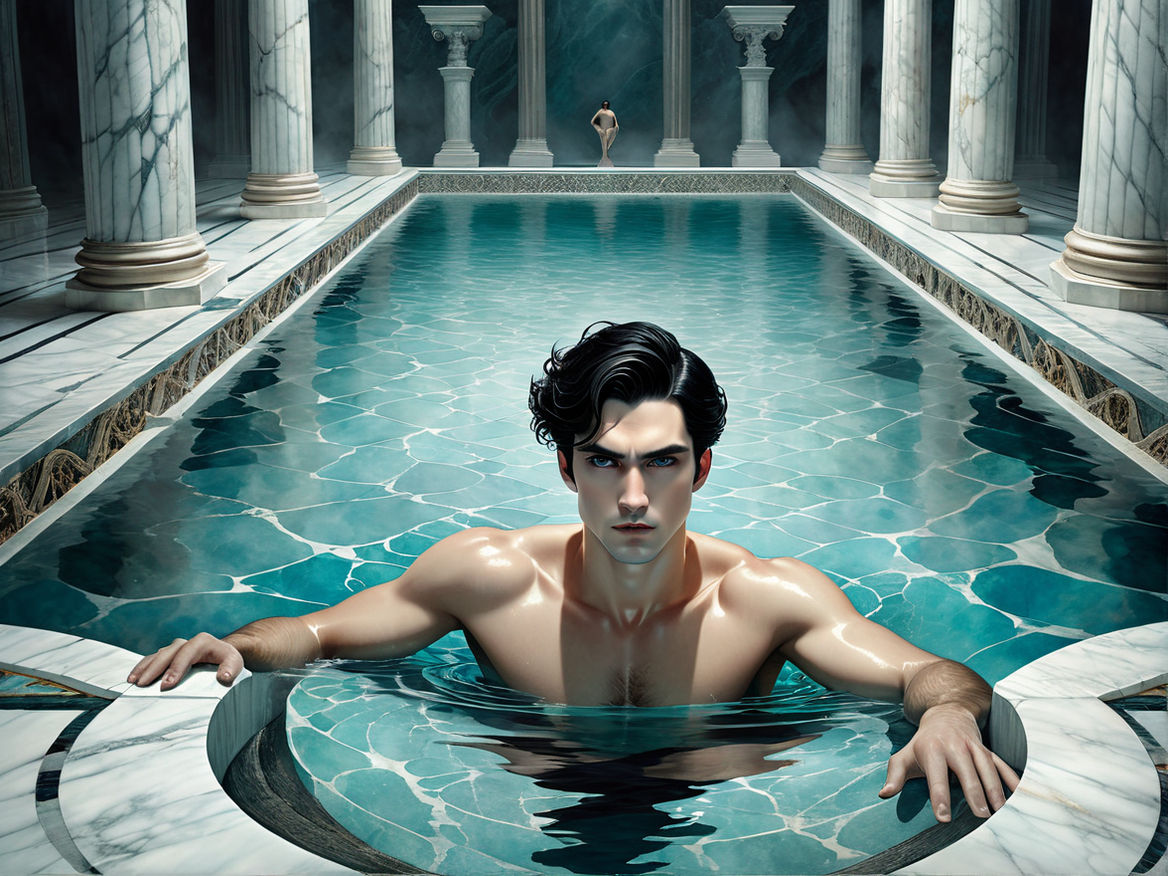 Prompt: Dark-haired man of 35, brutal man swimming in a huge marble waterpool, half-naked, Catrin Welz-Stein, Mary Blair, and Harrison Fisher inspired scene, fantasy, his features rendered with intricate texture and stunning detail, crafting a cinematic tableau with sharp focus, perfect composition, highly detailed, stunning.