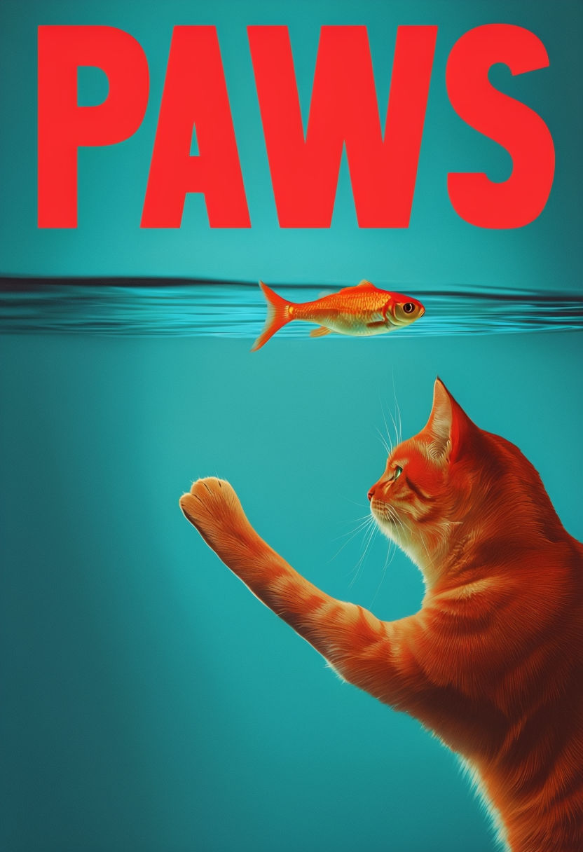 1970s Retro Art: Bold 'PAWS' Poster with Cat & Goldfish - Digital Painting Masterpiece