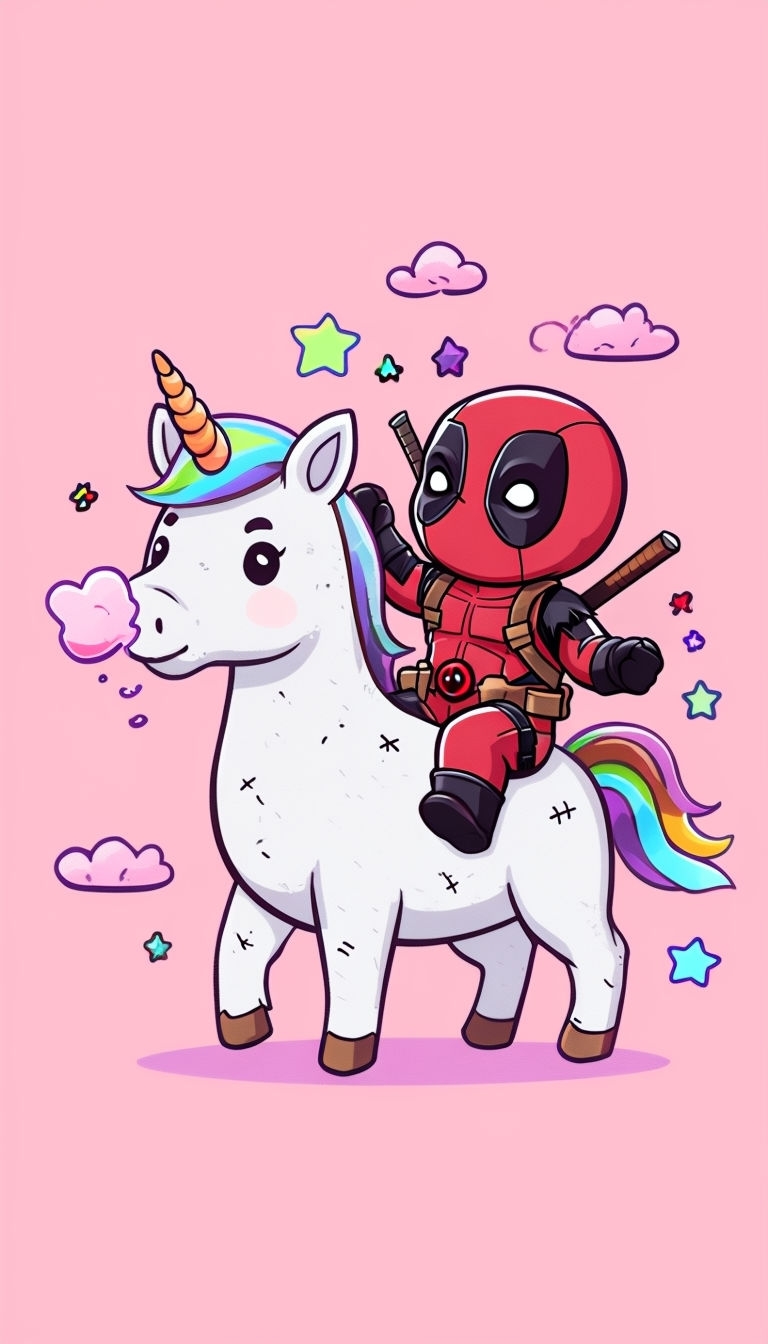 Playful Chibi Deadpool Riding Unicorn Cartoon Sticker