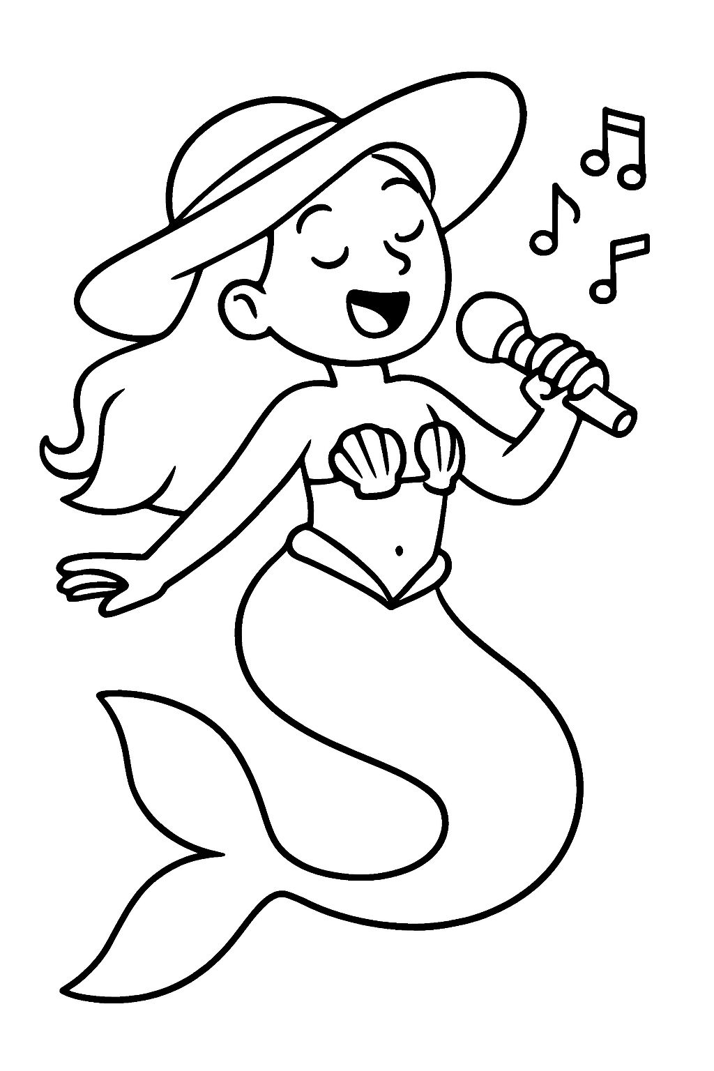 Cheerful Mermaid Singing into Microphone Cartoon Line Drawing Coloring Book Pages