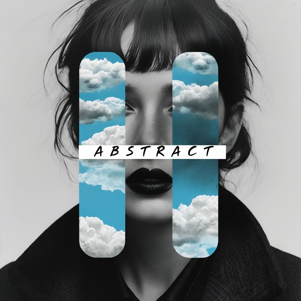 Surreal Grayscale Portrait with Blue Stripes and Clouds Spotify Album Cover