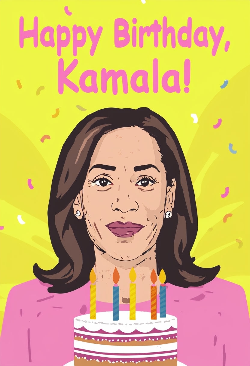 Playful Kamala Harris Birthday Card with Cake and Confetti