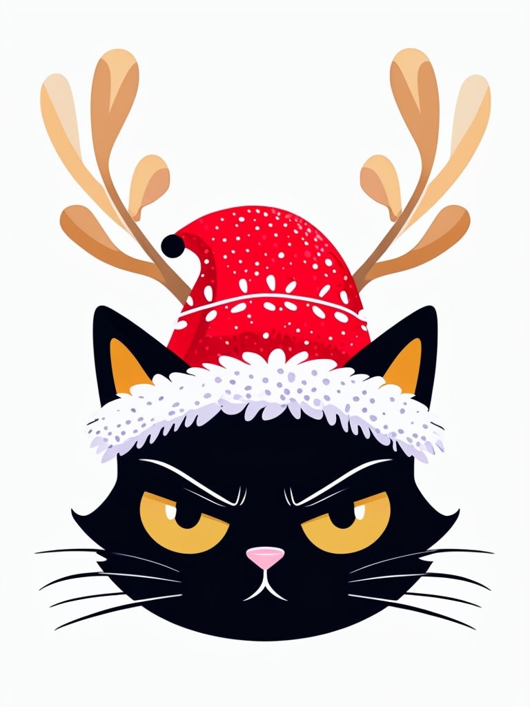 Whimsical Black Cat with Festive Hat Cartoon T-Shirt