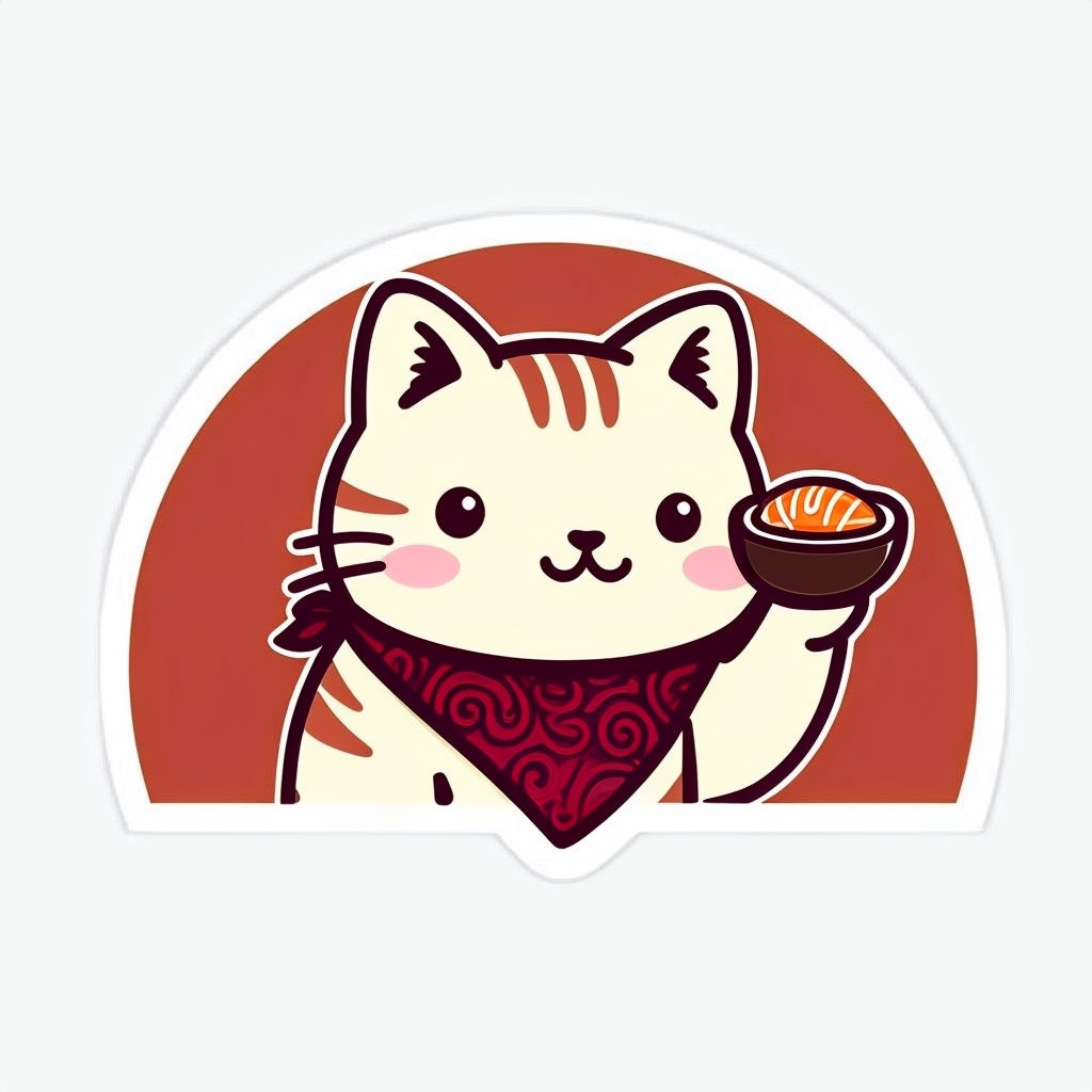 Cute Cartoon Cat Holding Sushi Bowl with Bandana Sticker