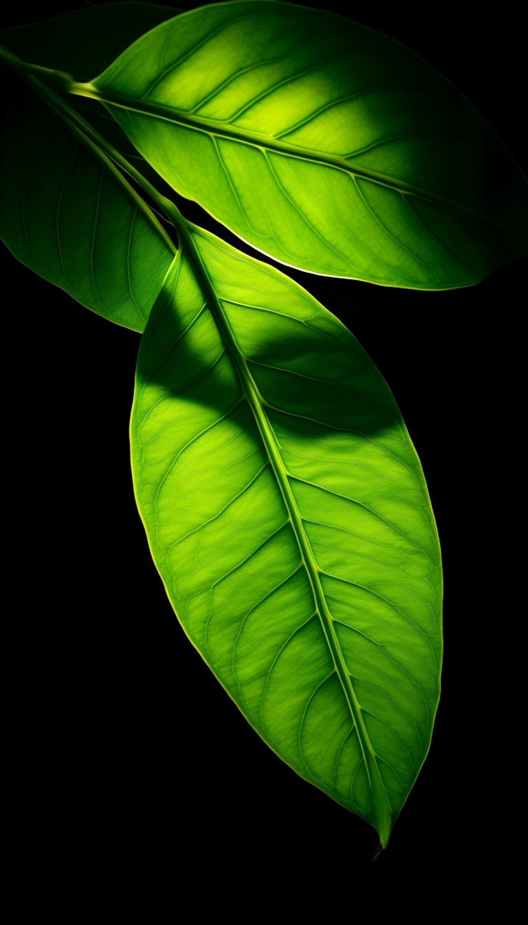 Vivid Green Leaves Close-Up Against Black Background Mobile Wallpaper