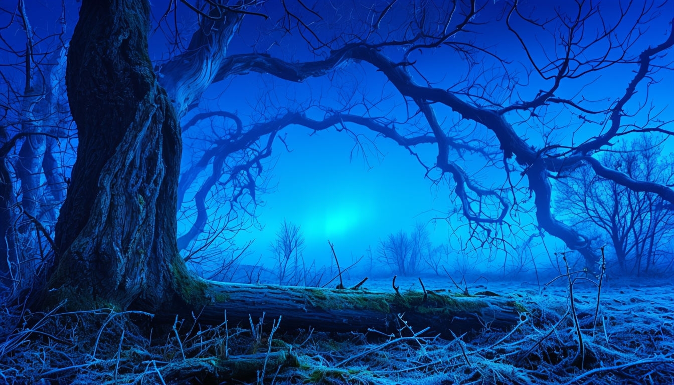 Ethereal Blue Surreal Landscape with Gnarled Tree Virtual Backgrounds