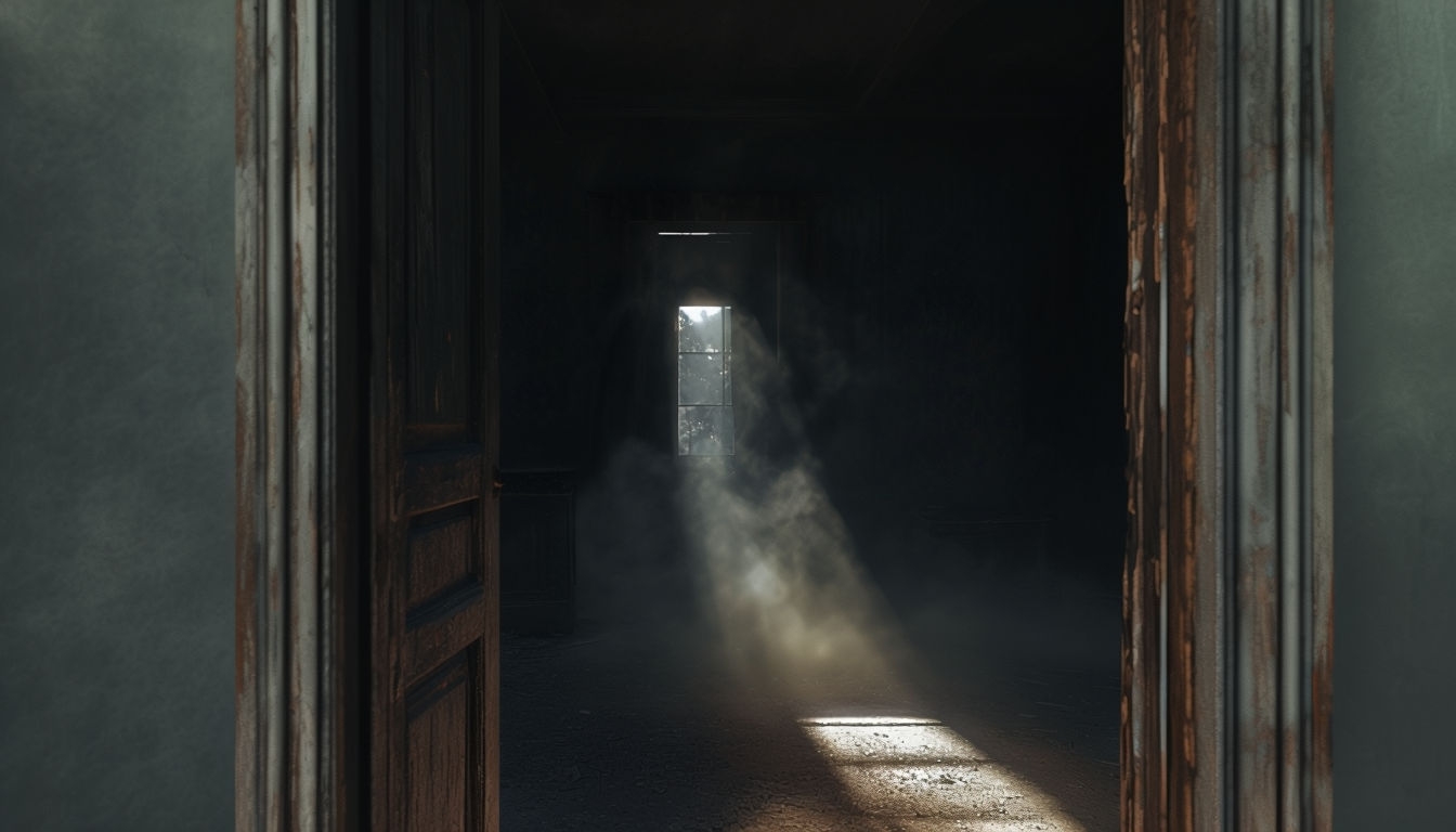 Abandoned Room Doorway with Dust Motes Virtual Background