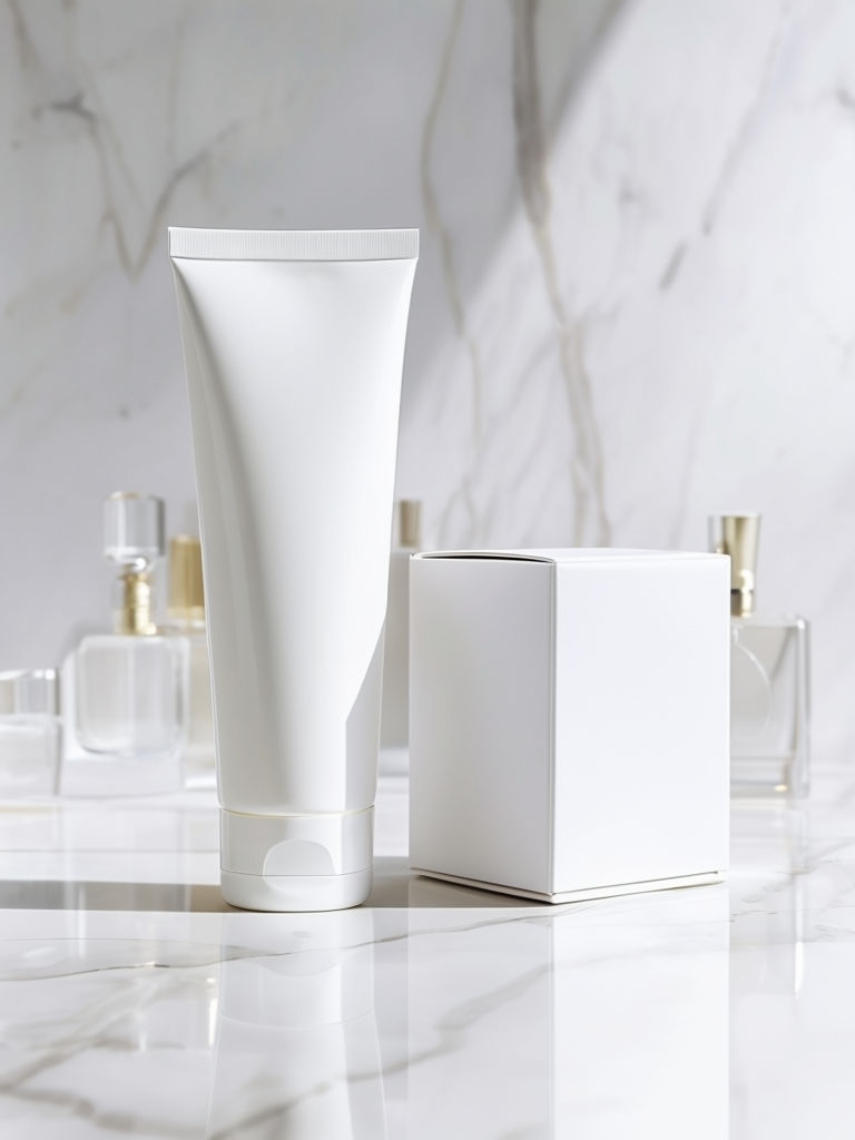 Elegant Minimalist Cosmetic Tube and Box Mockup on Marble Surface