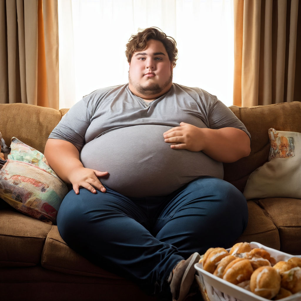 an obese couch potato young man sitting in front of his tv