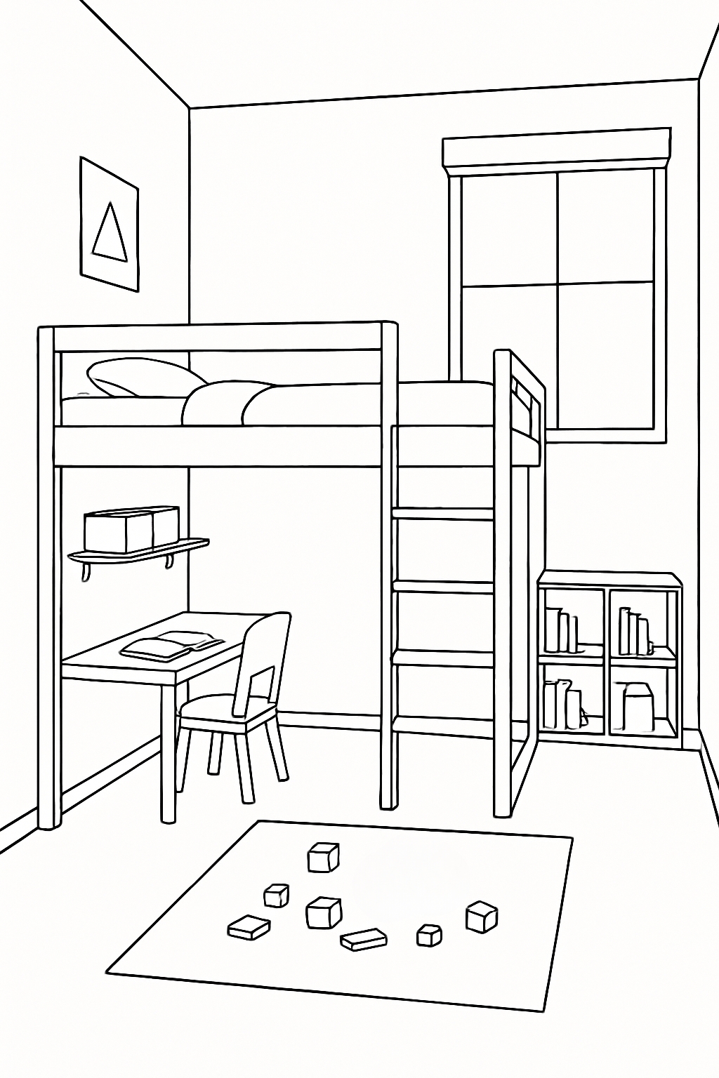 Minimalist Children's Bedroom Line Art for Coloring Book Pages