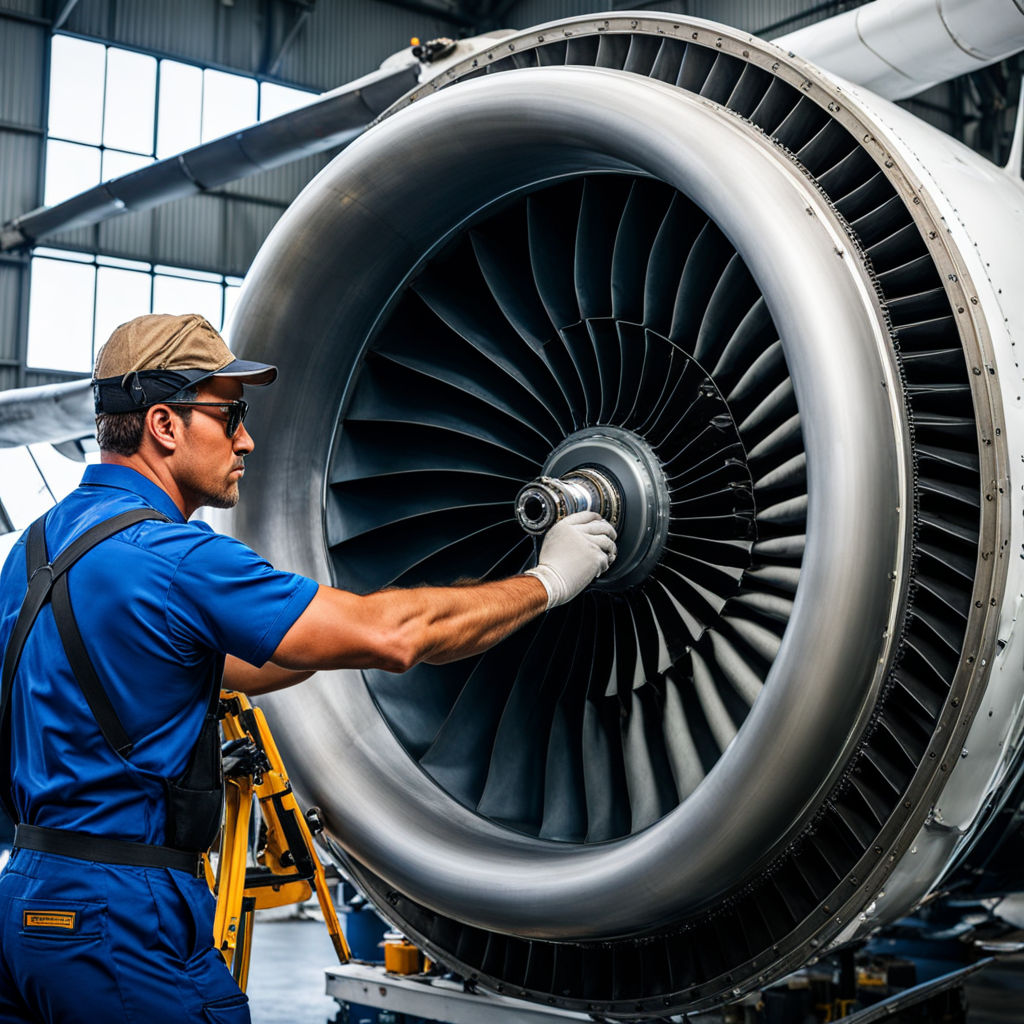 Photo of an aircraft mechanic working on an airplane turbine... by ...