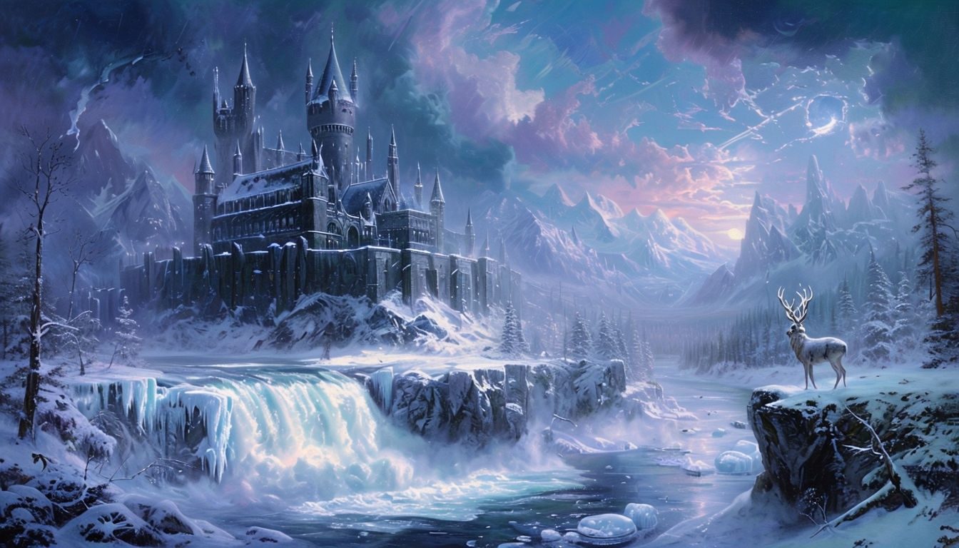 Majestic Gothic Castle in Snowy Fantasy Landscape Art