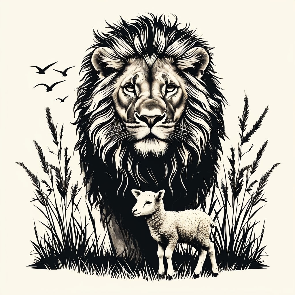 Majestic Lion and Gentle Lamb Monochrome Illustration Poster