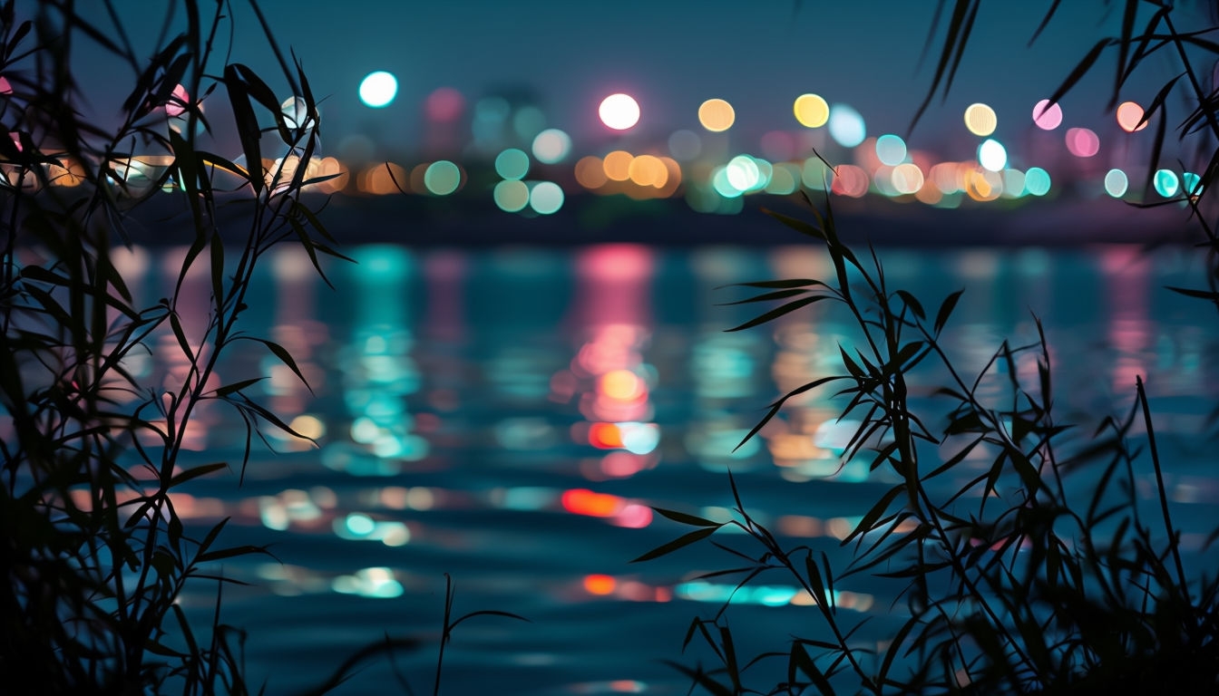 Serene Night Water Reflection with City Lights Virtual Background