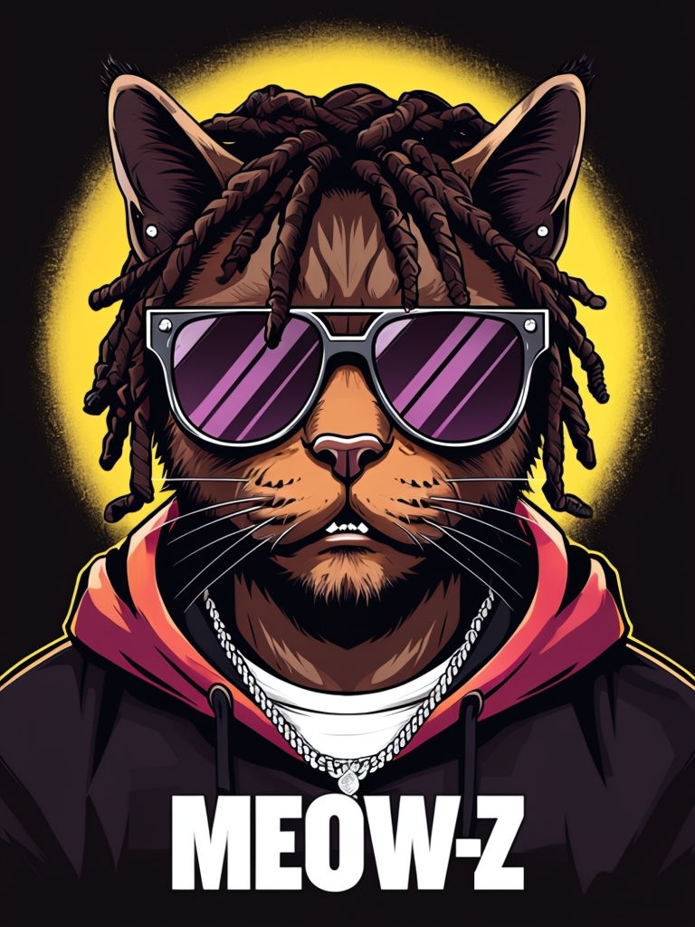 Stylish Rapper Cat Illustration with Sunglasses and Chain T-Shirt