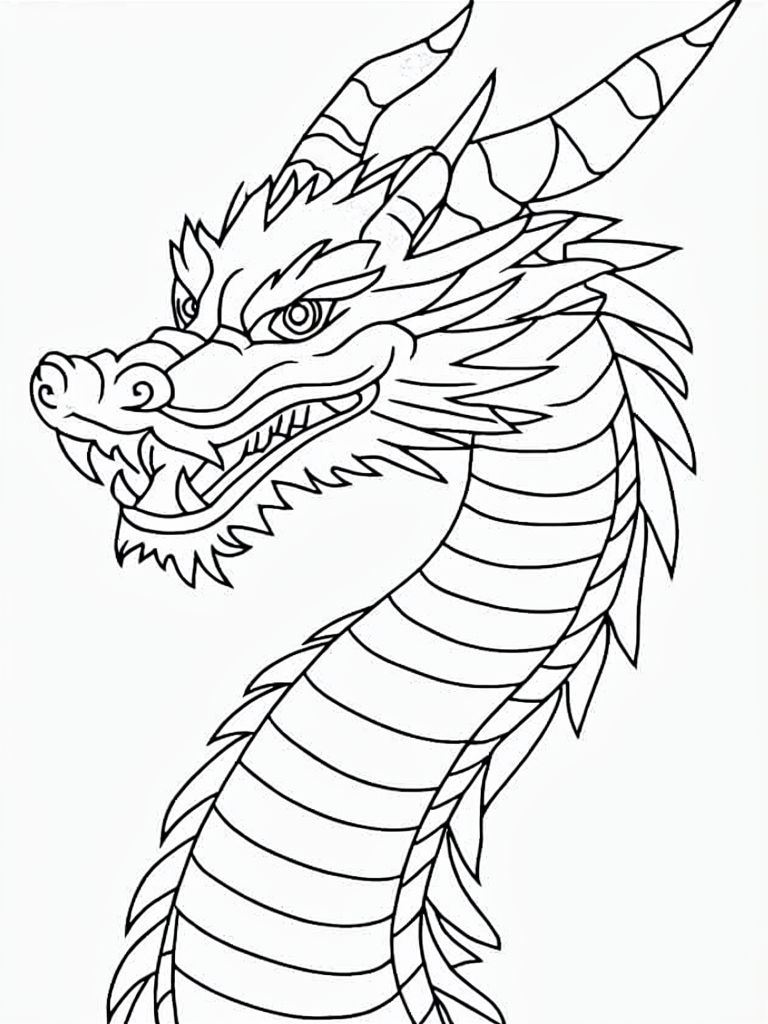 Stylized Chinese Dragon Line Art for Coloring Book Pages