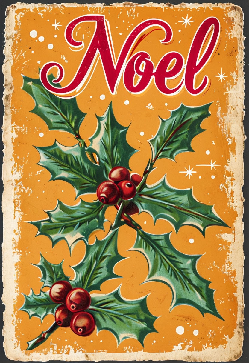 Vintage Christmas Noel Postcard with Holly and Berries Design