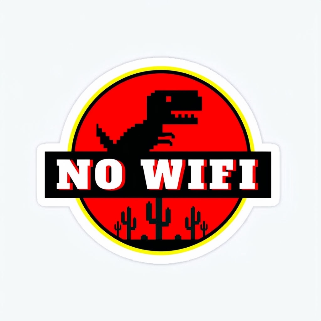 Playful No Wifi Retro T-Rex and Cacti Sticker Design