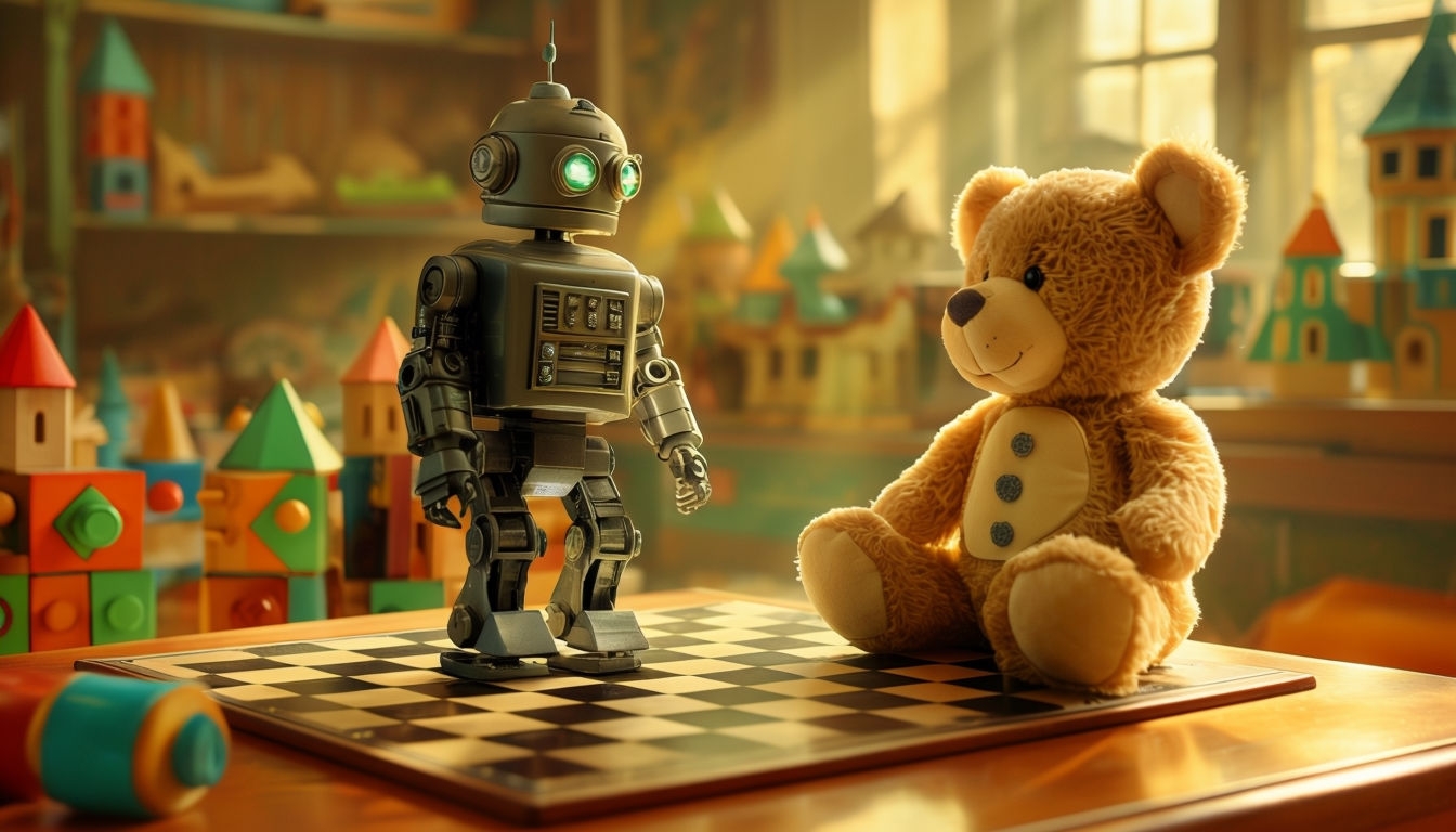 Nostalgic Vintage Robot and Teddy Bear Photographic Scene Virtual Backgrounds