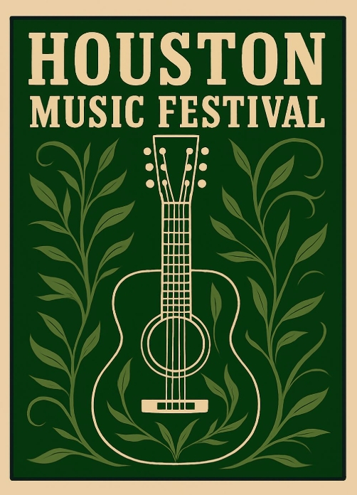 Houston Music Festival Vintage Acoustic Guitar Promotional Poster