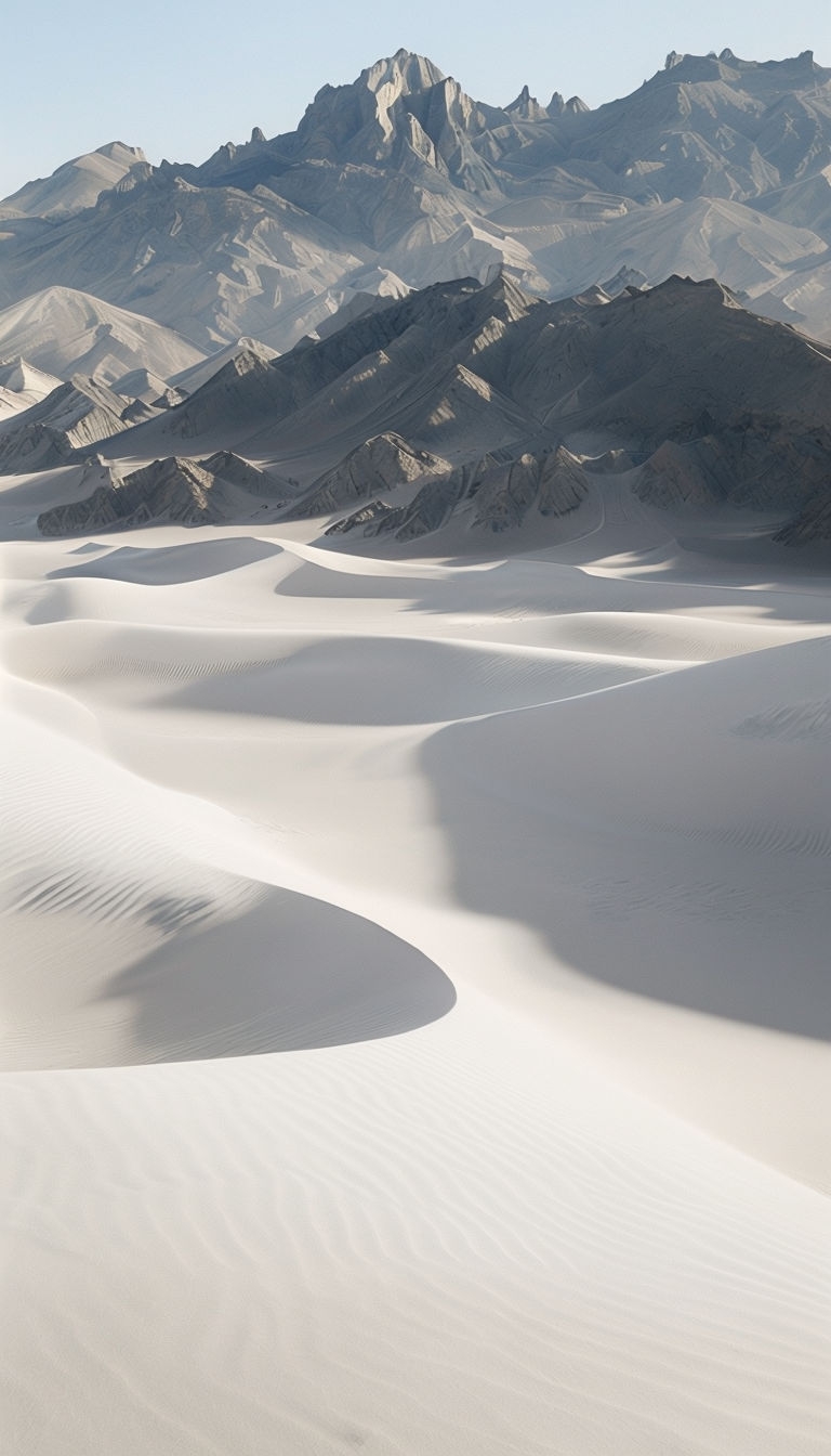 Tranquil Desert Landscape with White Sand Dunes and Mountains Mobile Wallpaper