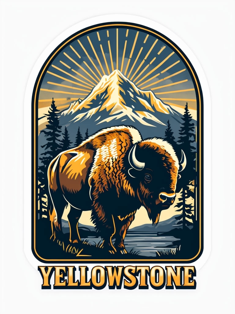 Vintage Yellowstone American Bison Sticker Design with Mountain Scene