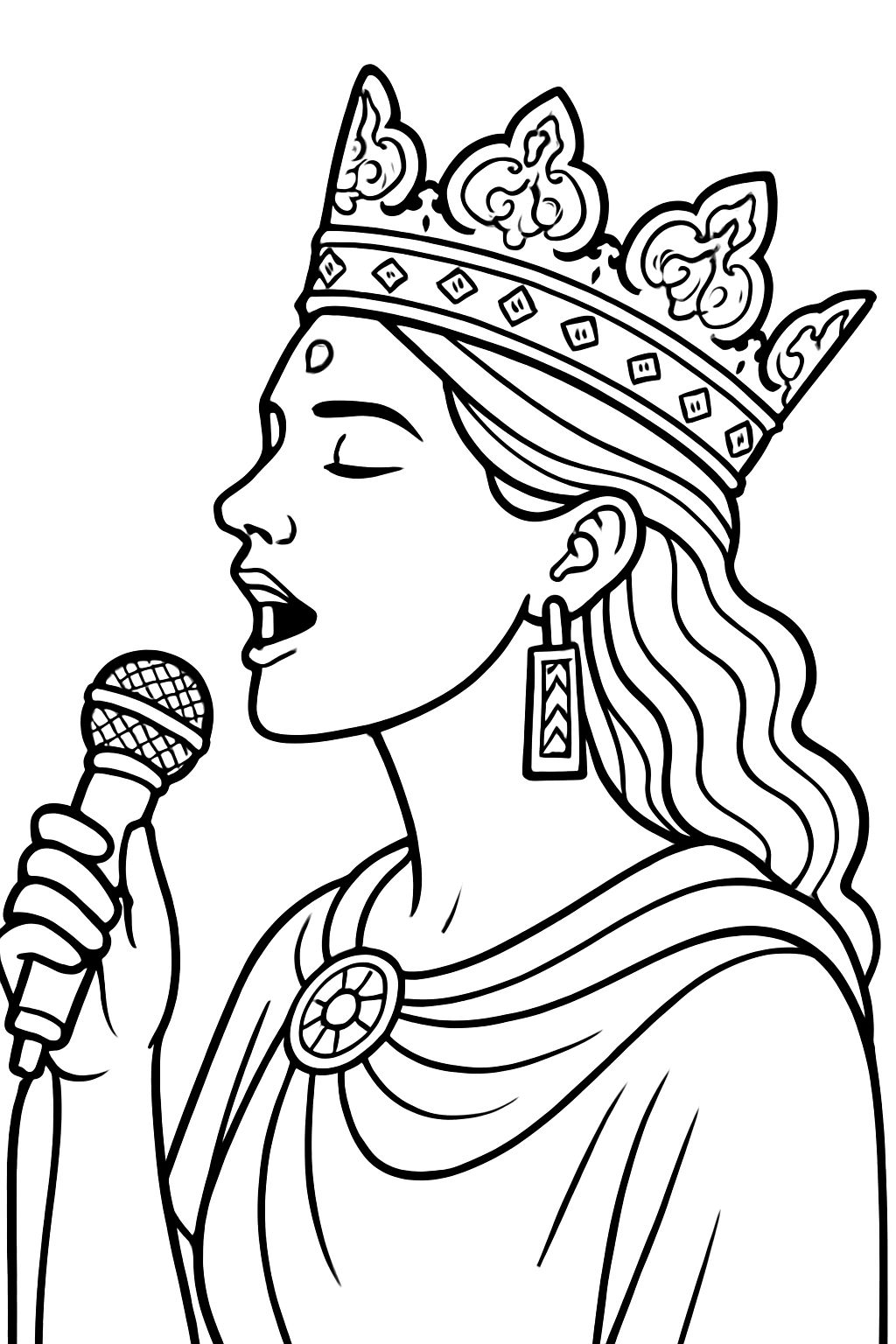 Regal Female Figure Singing with Crown Coloring Book Page