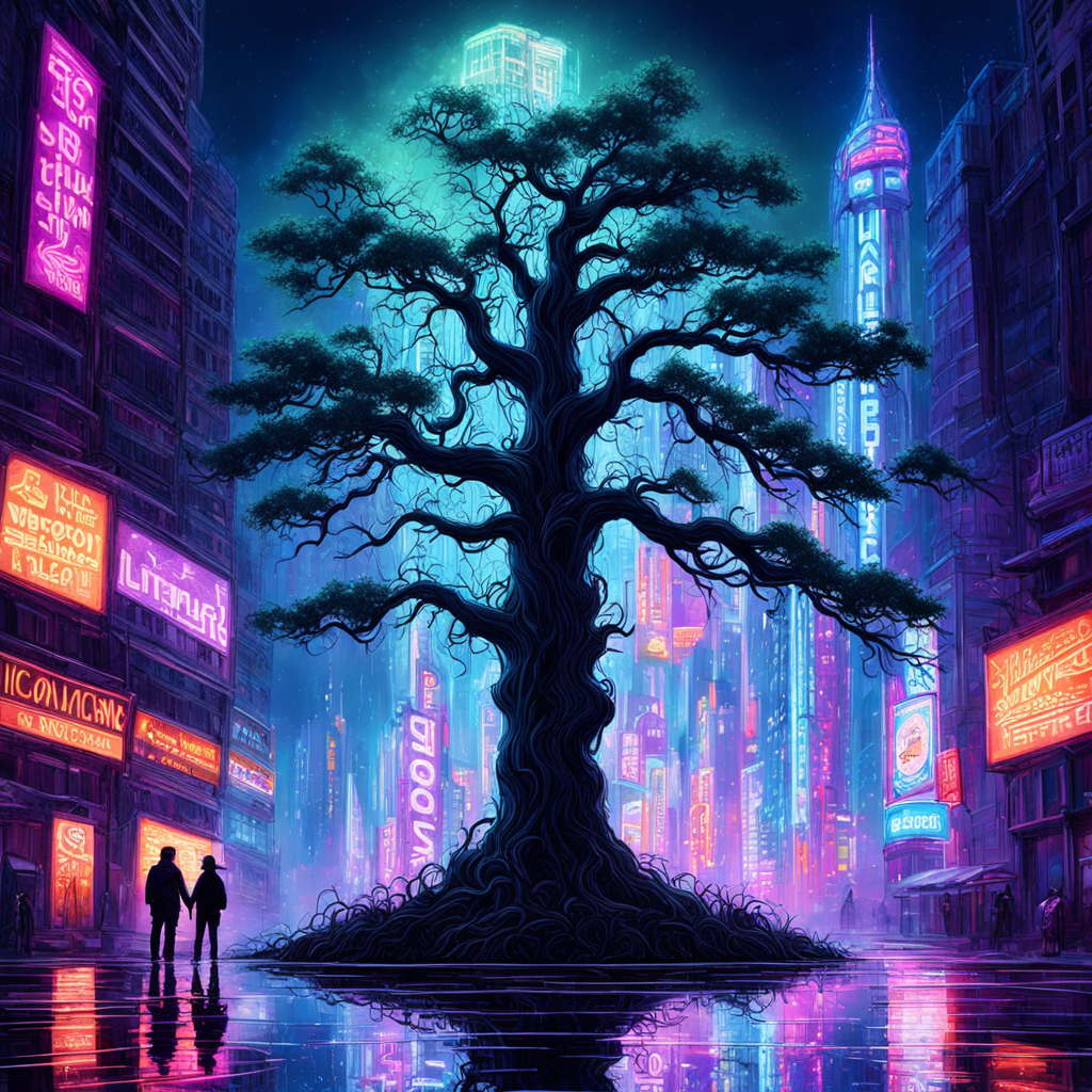 White oak tree standing tall in the center of a neon-lit cit... by ...