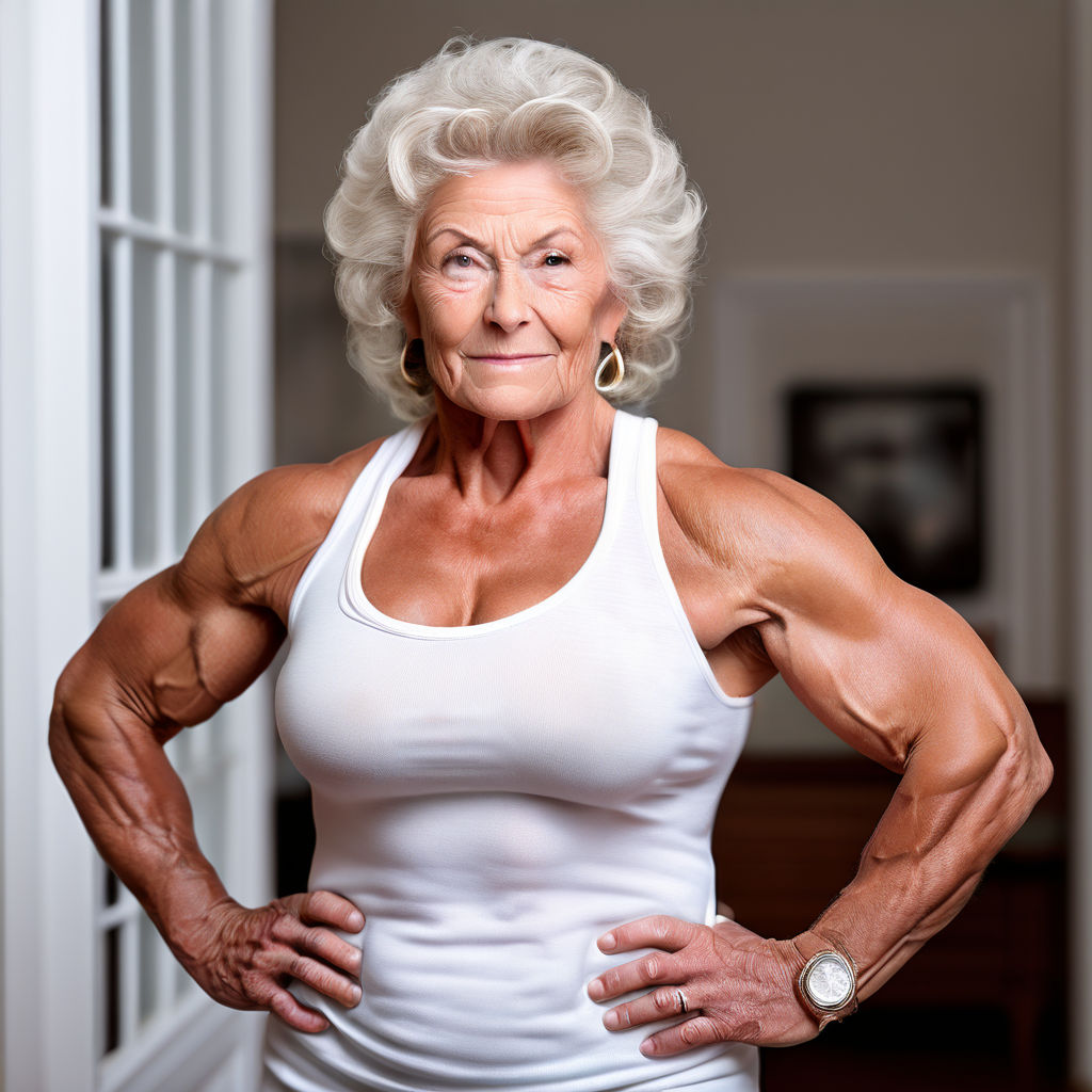 a old woman flexing big muscles