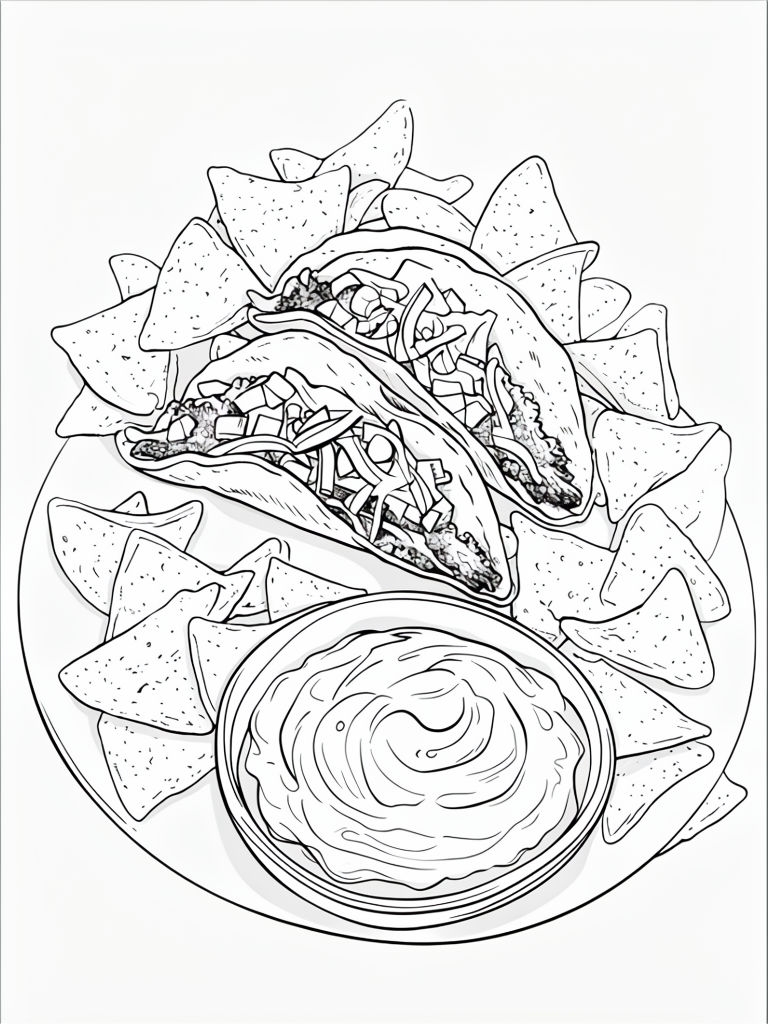 Cartoon Taco Fiesta with Chips and Guacamole Coloring Page