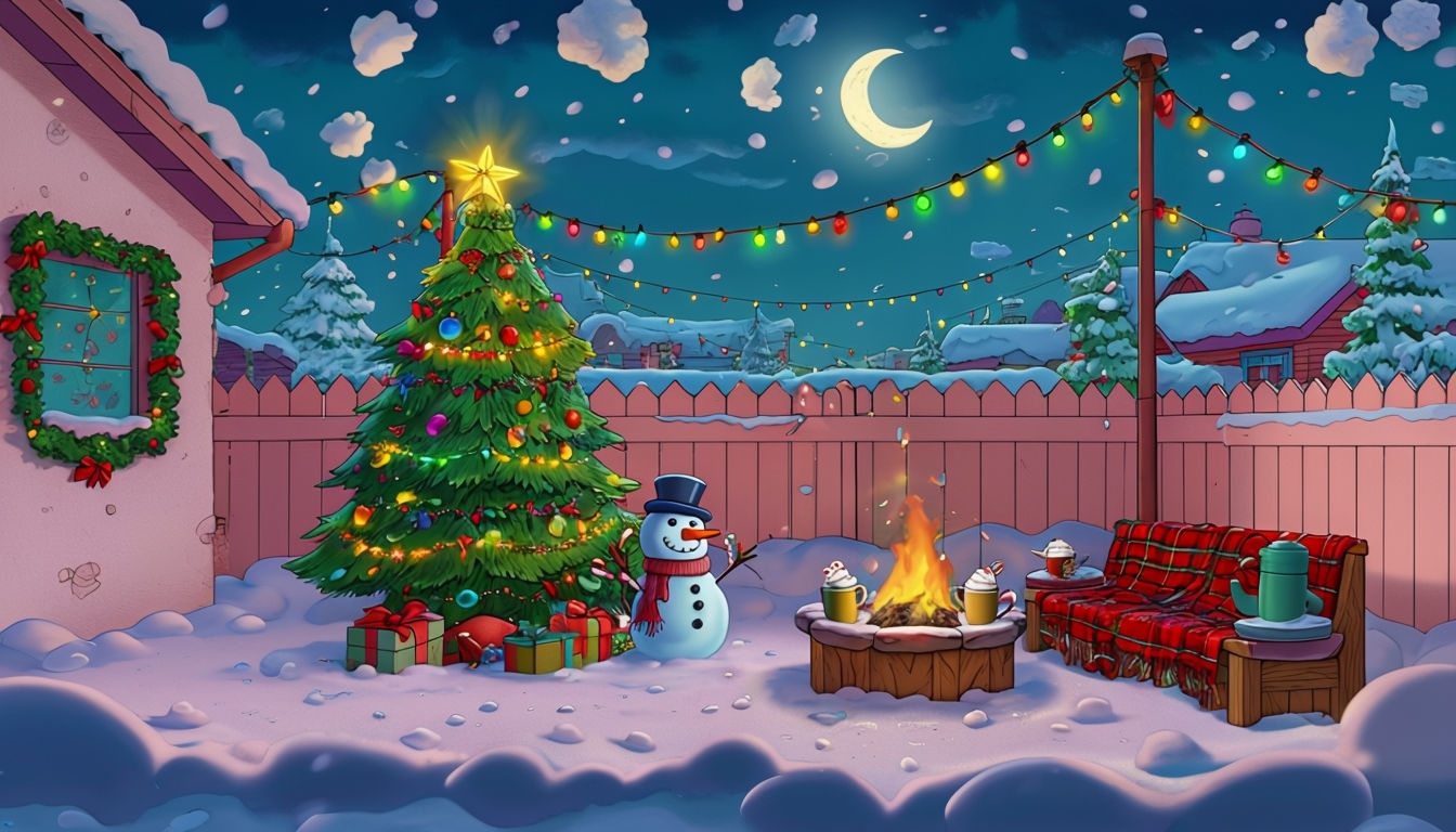 Festive Cartoon Christmas Backyard Scene Illustration for Virtual Backgrounds