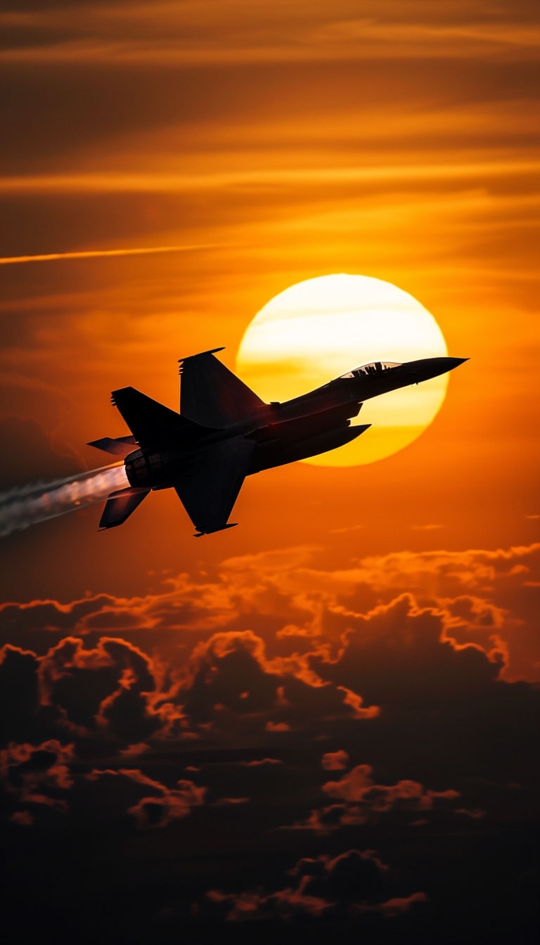 Fighter Jet Silhouette Against Vibrant Sunset Mobile Wallpaper