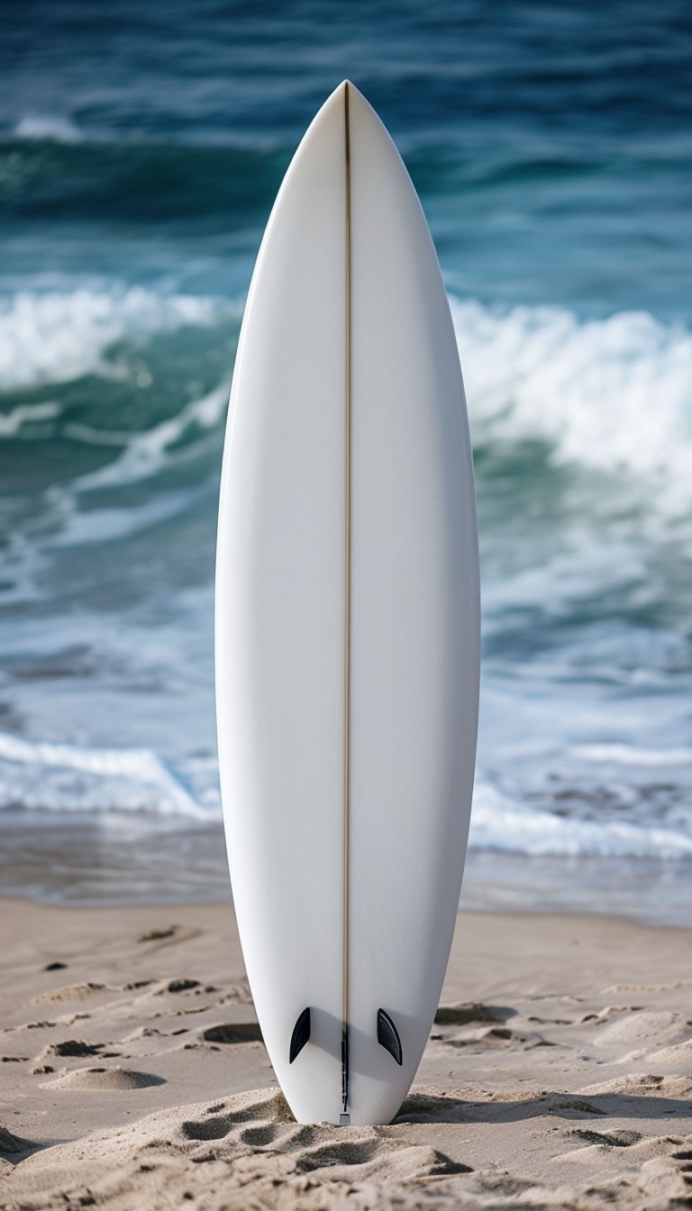 Elegant White Surfboard on Sandy Beach Photograph Poster