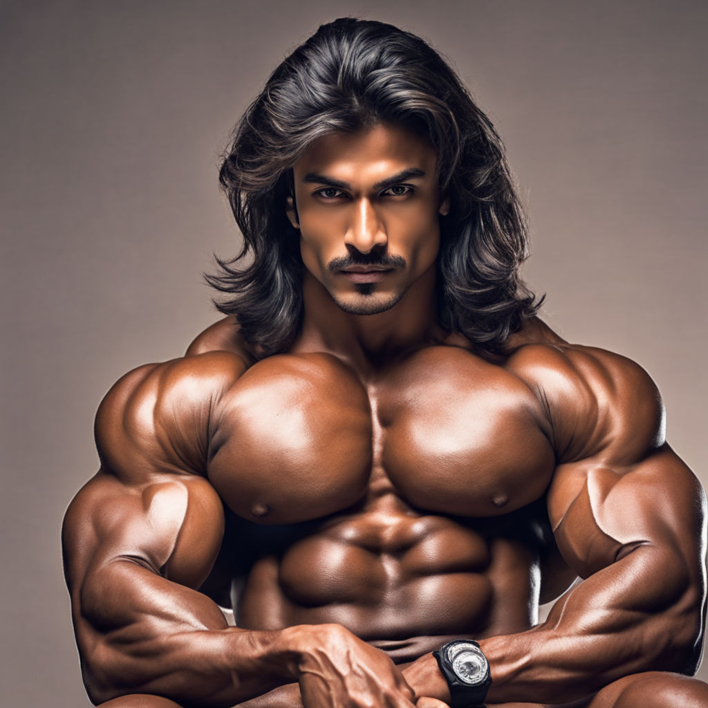 face of a muscular man with long black hair