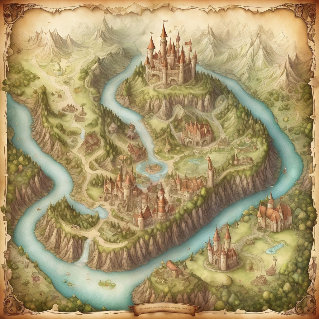 Create a parchment map of a fantasyland. Show rivers by Chris Graham ...