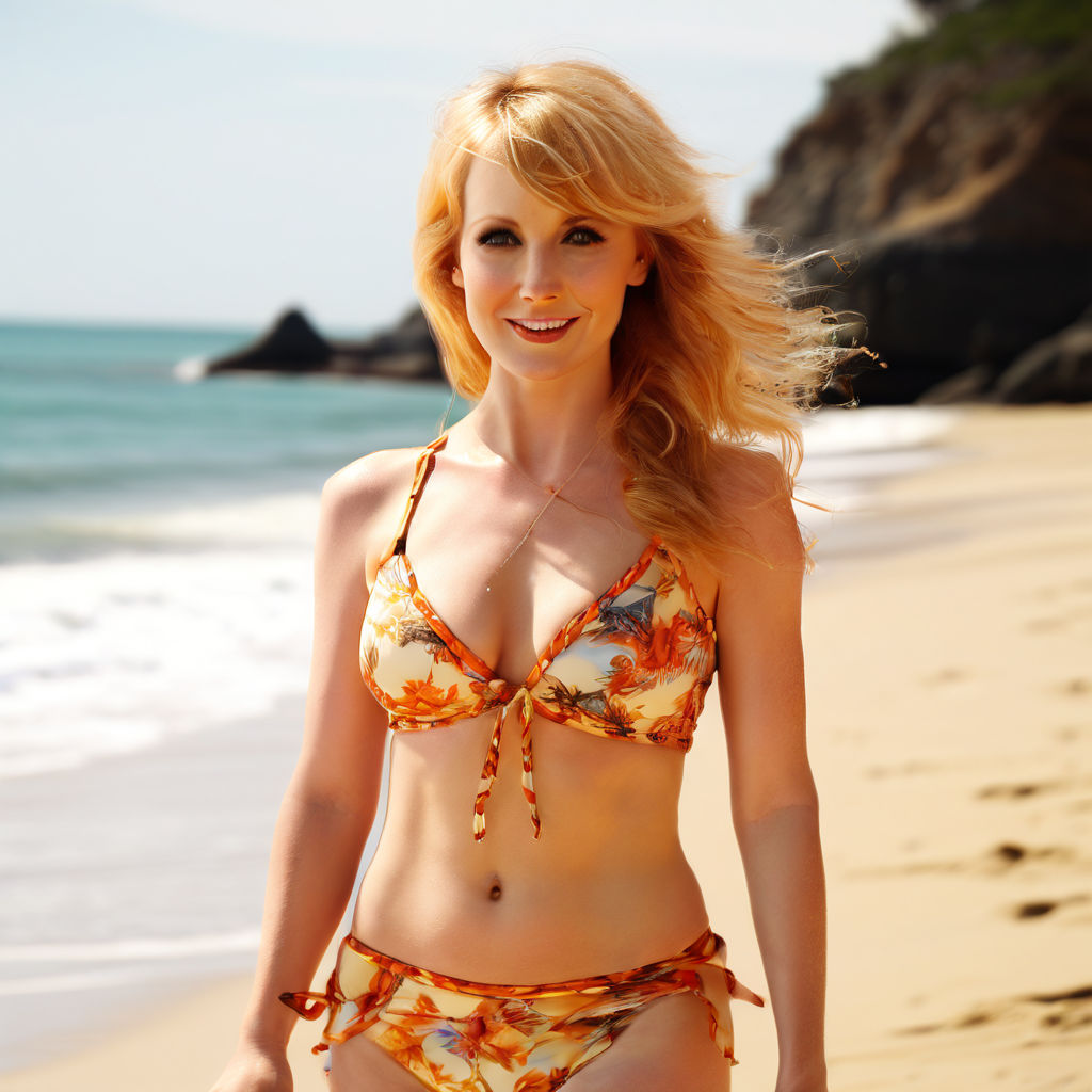 Melissa Rauch possing at the beach for a bikini magazine. full height  profile. she has very large oversized breasts