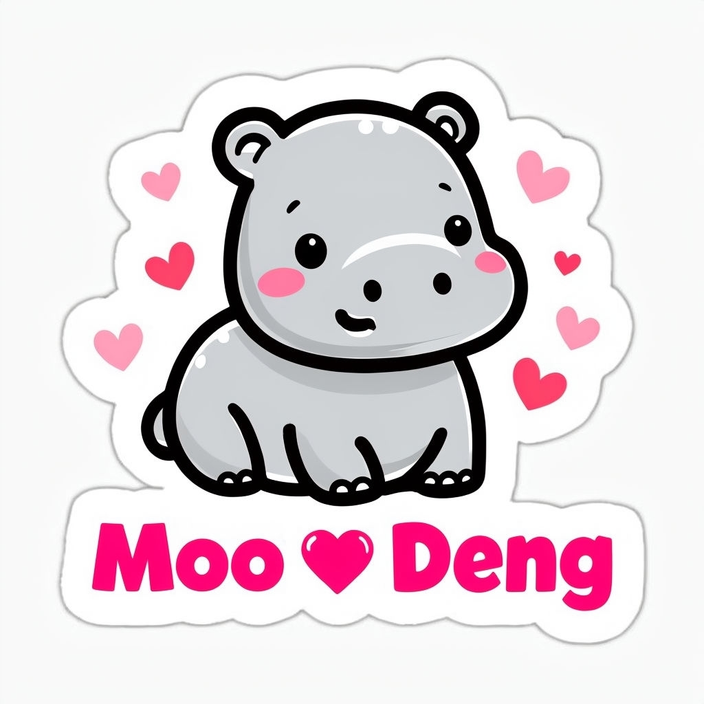 Cute Baby Grey Hippo 'Moo Deng' with Hearts Kawaii Sticker