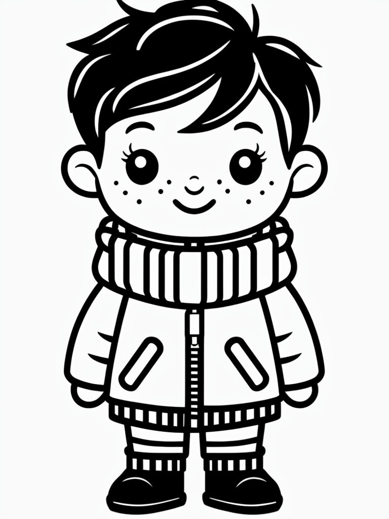 Cheerful Cartoon Child in Winter Attire Coloring Book Page