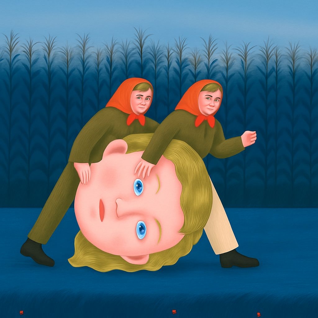 Folk Art Style Illustration of Figures with Doll Character Art